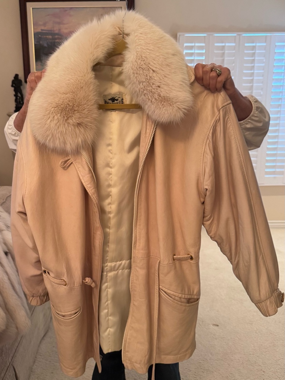 Women's Cream Leather Coat with Faux Fur Collar